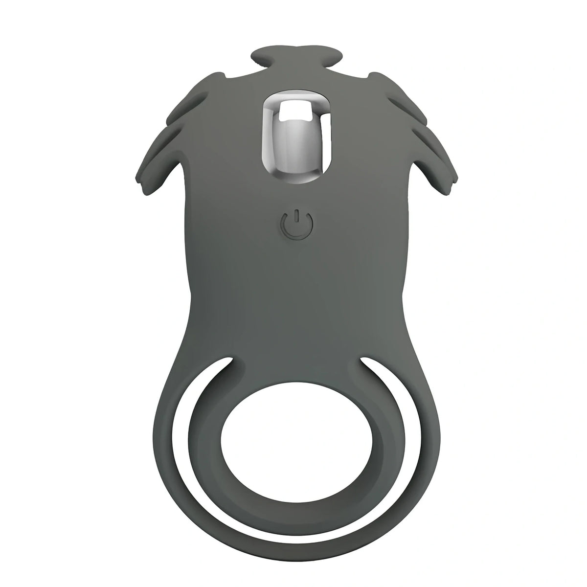 Master ring на Pretty Love – сив силиконов вибриращ пръстен, поглед отпред с бутон за включване и прозрачен отвор за вибриращия модул