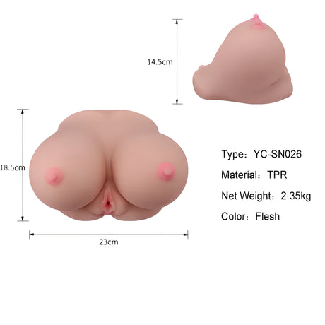 Мастурбатор 2 Sweet Holes, модел YC-SN026: размери 23 × 18,5 × 14,5 см, материал TPR, нето тегло 2,35 кг, цвят телесен