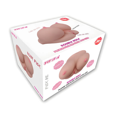 Бяла опаковка на мастурбатор 2 Sweet Holes от три страни, с надпис Double Hole, розови акценти и изображения на телесен торс-модел