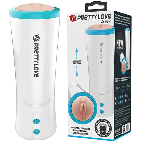 Мастурбатор Pretty Love Aby в бяло и синьо до своята кутия, на която пише Automatic thrusting и 3 intensity levels