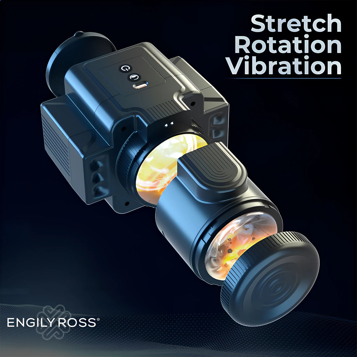 Cumera на Engily Ross в тъмносин цвят, разглобен на части, с надпис „Stretch, Rotation, Vibration“ – разтягане, въртене и вибрация