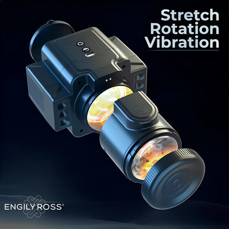 Cumera на Engily Ross в тъмносин цвят, разглобен на части, с надпис „Stretch, Rotation, Vibration“ – разтягане, въртене и вибрация