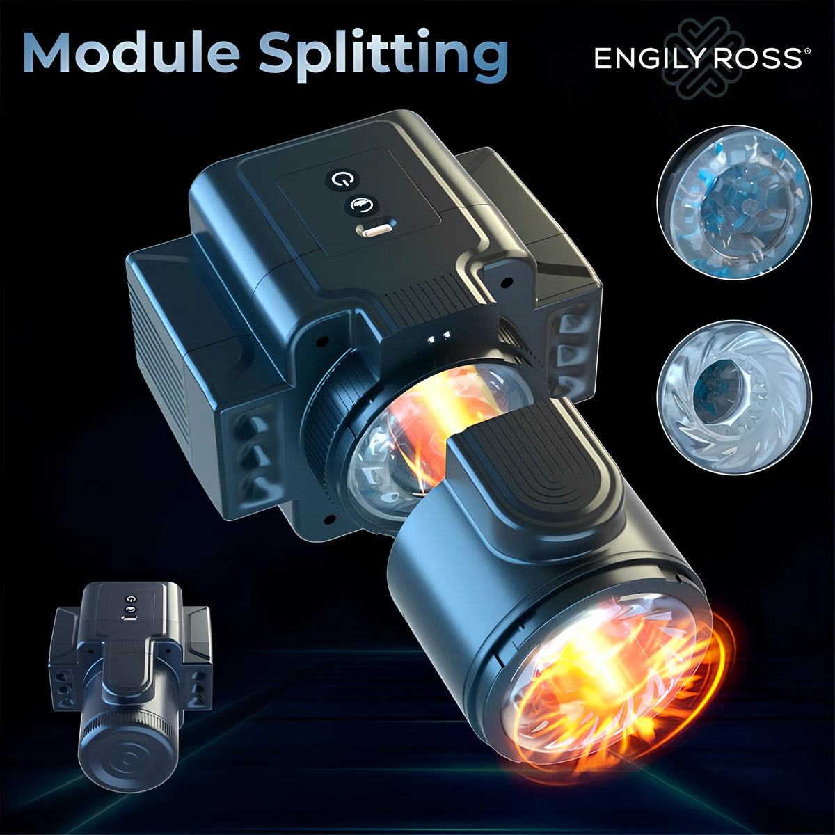 Инфографика „Module Splitting“ на Engily Ross: Cumera с отделен горен модул с бутони, цилиндричен корпус и две сменяеми вътрешни вложки