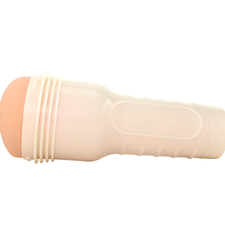 Fleshlight Girls Alexis Texas: бежов фенерчевиден корпус отстрани, с релефни ребра и надпис на капака, телесен отвор в единия край