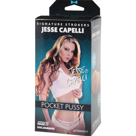 Кутията на Jesse Capelli Pocket Pussy от серията Signature Strokers на Doc Johnson, с изглед отпред и встрани и надпис Ultraskyn