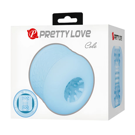 Бяла кутия на мастурбатор Pretty Love Cole със светлосин мек продукт на лицевата страна и надпис за 3D стимулиращ материал
