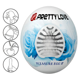 Яйцевидна опаковка Pretty Love Pleasure Egg III със сини рози, с отвор за вътрешната текстура и четири чертежа с инструкции за употреба отляво