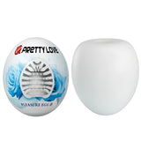 Pretty Love Pleasure Egg III: яйцевидна опаковка със сини рози и отвор, показващ вътрешната текстура, до бялото яйце извън нея