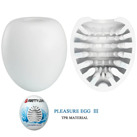 Pretty Love Pleasure Egg III: бялото яйцевидно тяло отвън и разрязано отвътре с ребрата, до опаковка със сини рози и надпис TPR материал