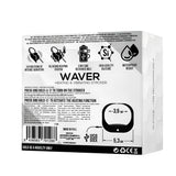 Задната страна на кутията на Waver с икони за 10 вибрации, затопляне, USB зареждане, силикон и водоустойчивост, инструкции и размери 3,9 и 5,3 см