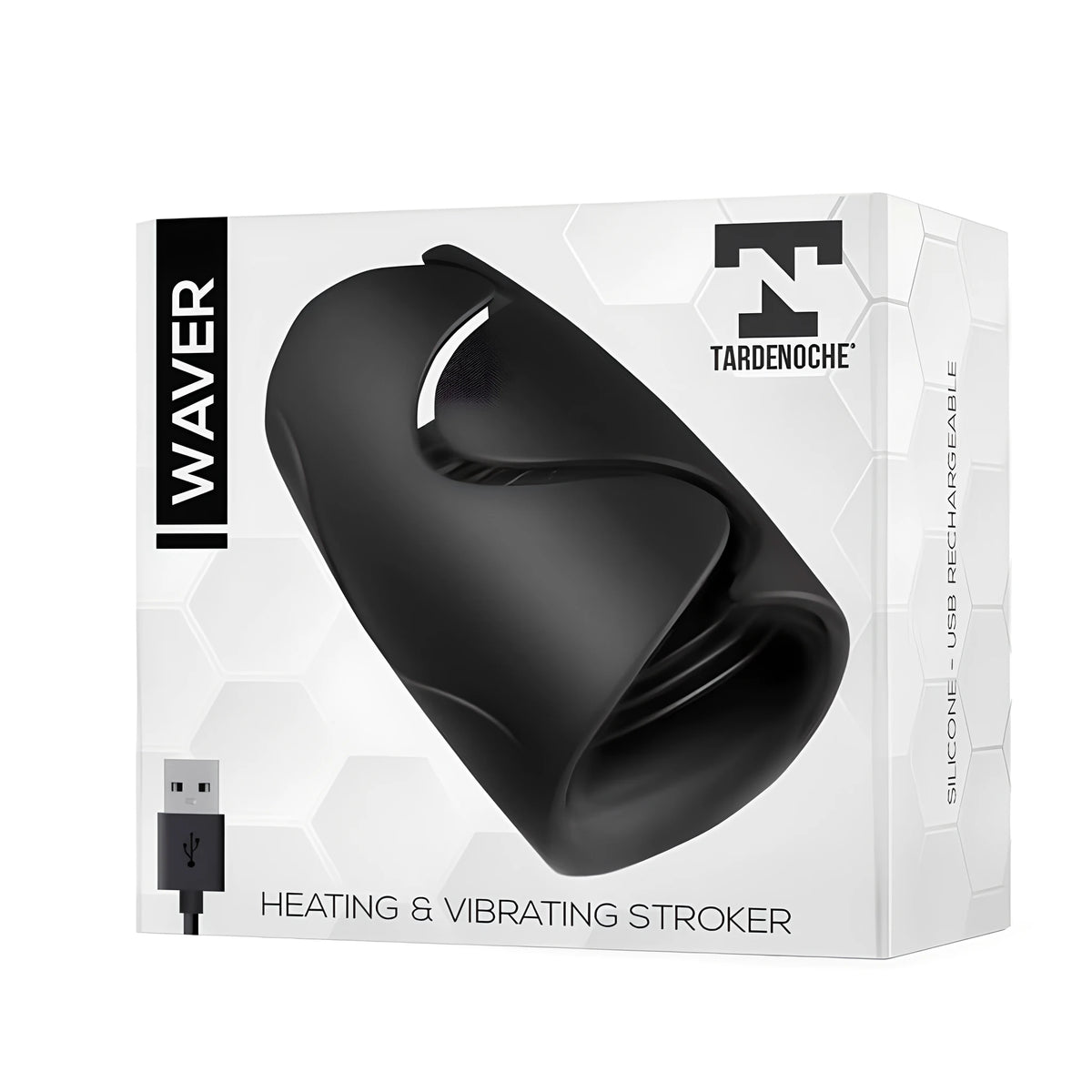 Бяла кутия на Waver от Tardenoche с черния силиконов мастурбатор, USB кабел и надпис за загряване, вибрации и USB зареждане