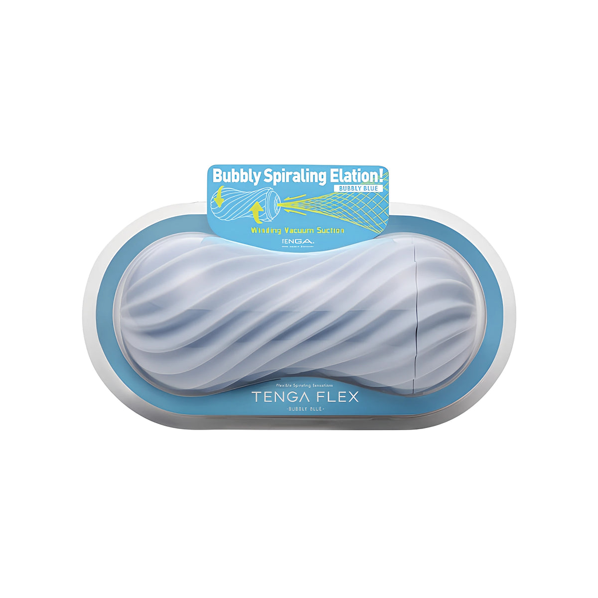Tenga Flex Bubbly Blue в синя опаковка с надпис „Bubbly Spiraling Elation!“ и светлосиня продукт със спираловидна релефна форма