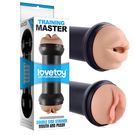 Кутията на Lovetoy Training Master Double Side Stroker и двата отвора на черния мастурбатор, с изображение на устата и вагината, в телесен цвят