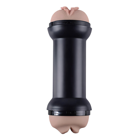 Мастурбатор Training Master Double Side Stroker на Lovetoy – изправен, с черен корпус и телесен цвят на двата края, изглед отпред