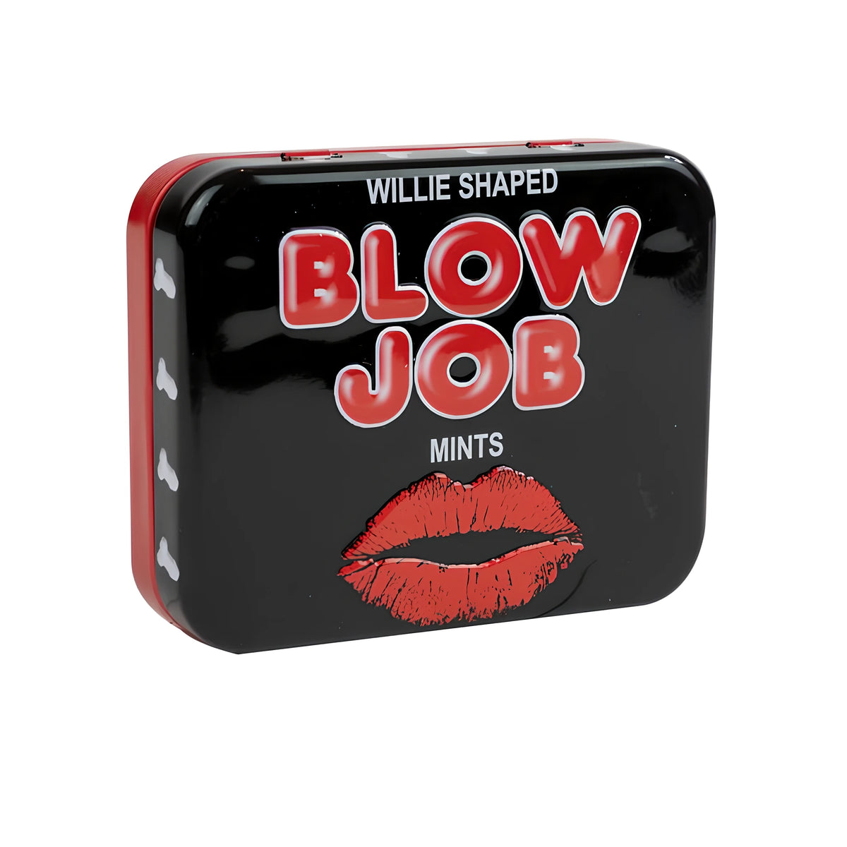 Черна метална кутийка с червен кант и надпис Blow Job Mints, червени устни на капака и малки фигурки отстрани, под ъгъл