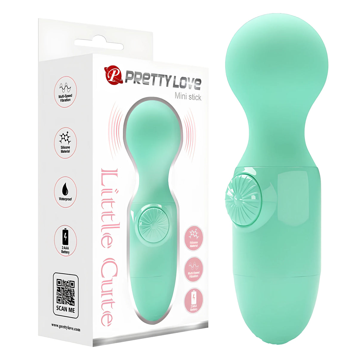 Мини масажор Little Cute Green на Pretty Love в мятнозелено до бялата си кутия с иконки за силикон, водоустойчивост и 2 AAA батерии