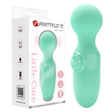 Мини масажор Little Cute Green на Pretty Love в мятнозелено до бялата си кутия с иконки за силикон, водоустойчивост и 2 AAA батерии