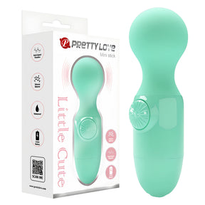Мини масажор Little Cute Green на Pretty Love в мятнозелено до бялата си кутия с иконки за силикон, водоустойчивост и 2 AAA батерии