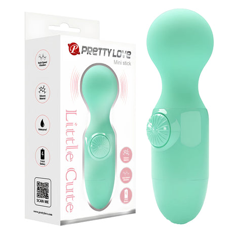 Мини масажор Little Cute Green на Pretty Love в мятнозелено до бялата си кутия с иконки за силикон, водоустойчивост и 2 AAA батерии