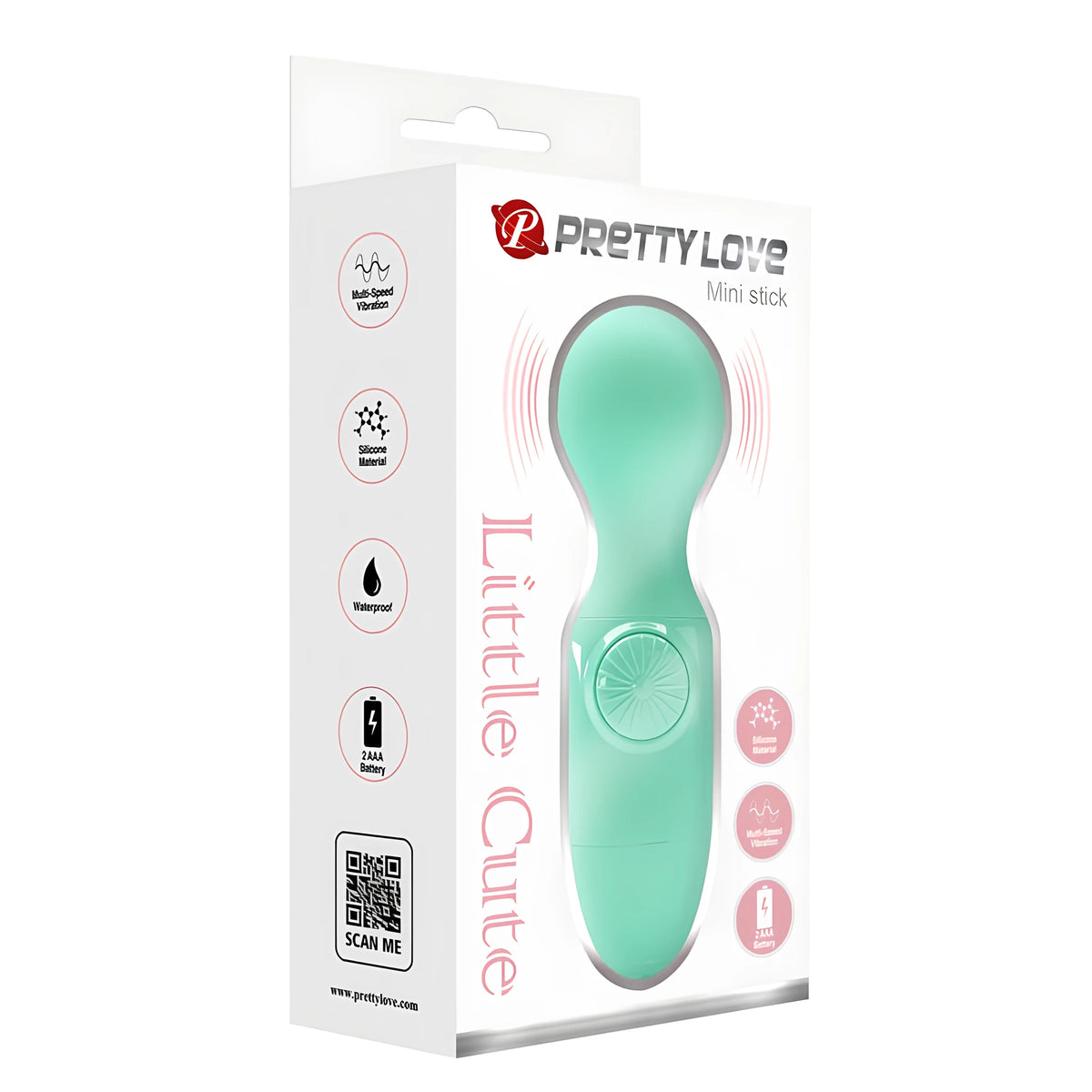 Мини масажор Little Cute Green в бяла кутия Pretty Love Mini stick, с иконки за силикон, водоустойчивост и 2 AAA батерии