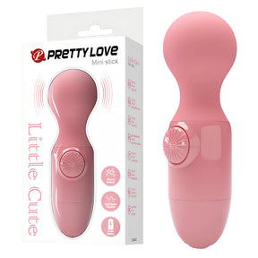 Мини масажор Little Cute Pink на Pretty Love в розово: кутията с надпис Mini stick и самият масажор с кръгъл бутон до нея