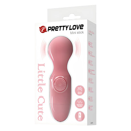 Мини масажор Little Cute Pink в бяла кутия на Pretty Love с надпис Mini stick и иконки за силикон, многоскоростна вибрация и 2 AAA батерии
