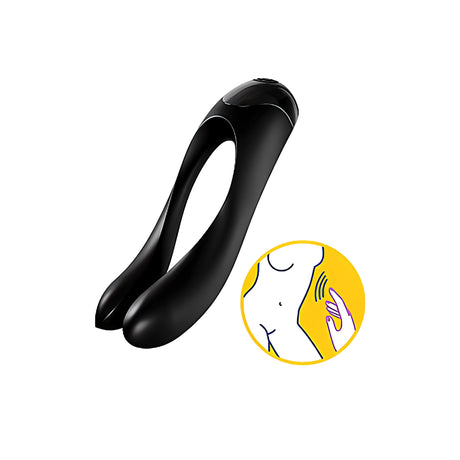 Черен мини вибратор Satisfyer Candy Cane с отвор за пръст, а в кръгла жълта илюстрация е показан начинът на държане с ръка