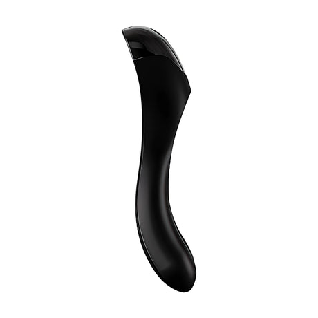 Мини вибратор Satisfyer Candy Cane в черно – страничен изглед на извитата гладка форма със заострен лъскав връх