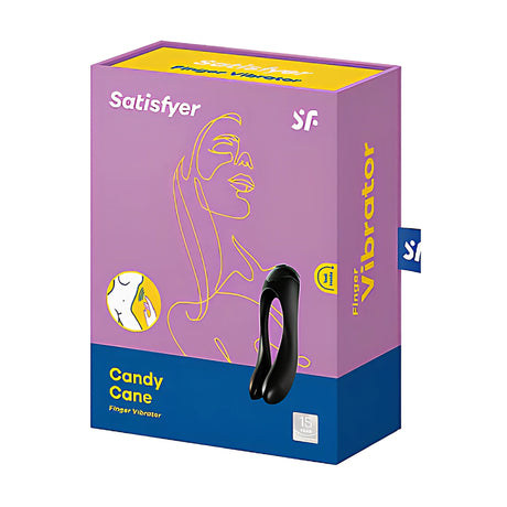 Лилава и синя кутия на Satisfyer Candy Cane, пръстов вибратор, с черния вибратор на лицевата страна и жълта линейна рисунка