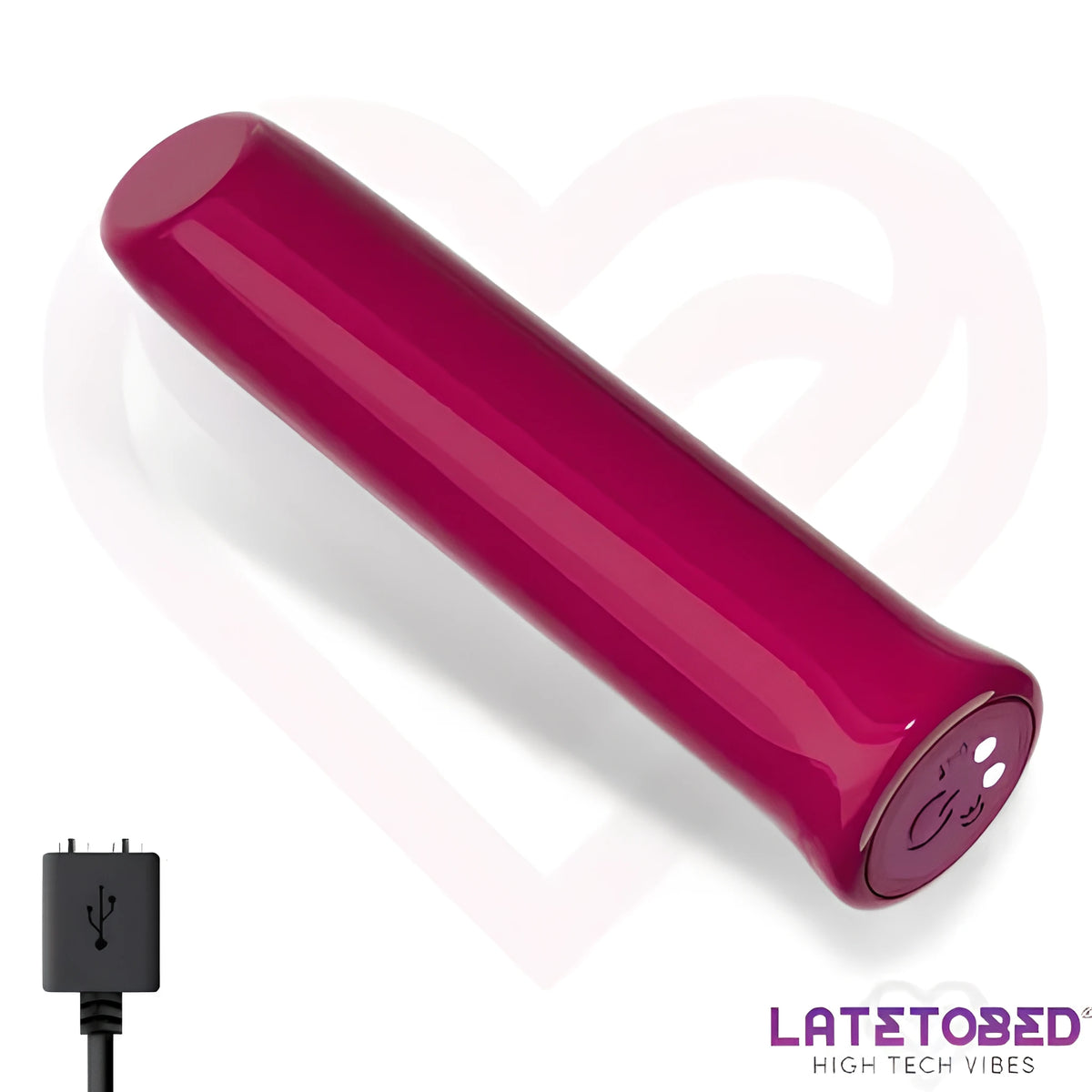 Мини вибратор Dara на LateToBed в наситено розов цвят, с бутон в основата и магнитен USB кабел за зареждане долу вляво
