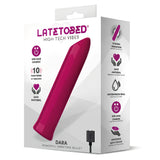 Кутията на мини вибратор Dara на LateToBed с розов вибратор през прозорец, USB кабел и икони за 10 функции, IPX8 и безопасен материал