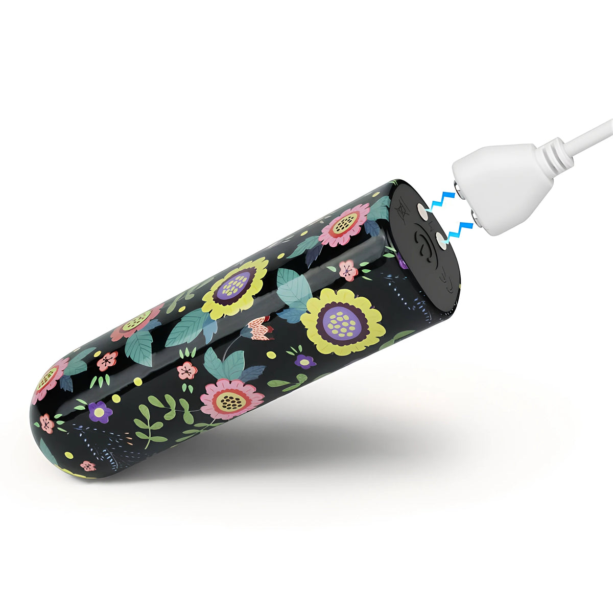 Мини вибратор Diana на Lovetoy с черен корпус и цветя, с магнитен USB кабел за зареждане, поставян към основата му