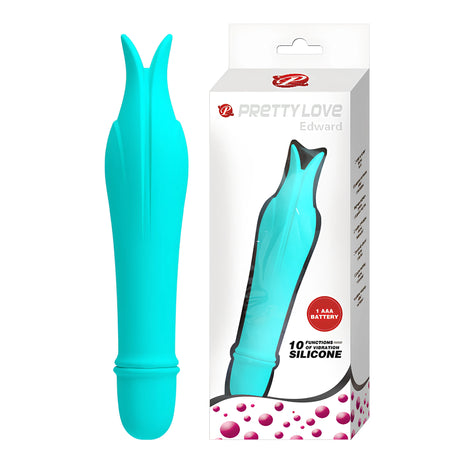 Мини вибратор Pretty Love Edward в тюркоаз до бялата си кутия с надписи „1 AAA battery“, „10 functions of vibration“ и „Silicone“
