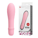 Розов силиконов мини вибратор Solomon на Pretty Love със спираловидни канелюри до кутията си, с надписи за 1 AAA батерия и 10 функции