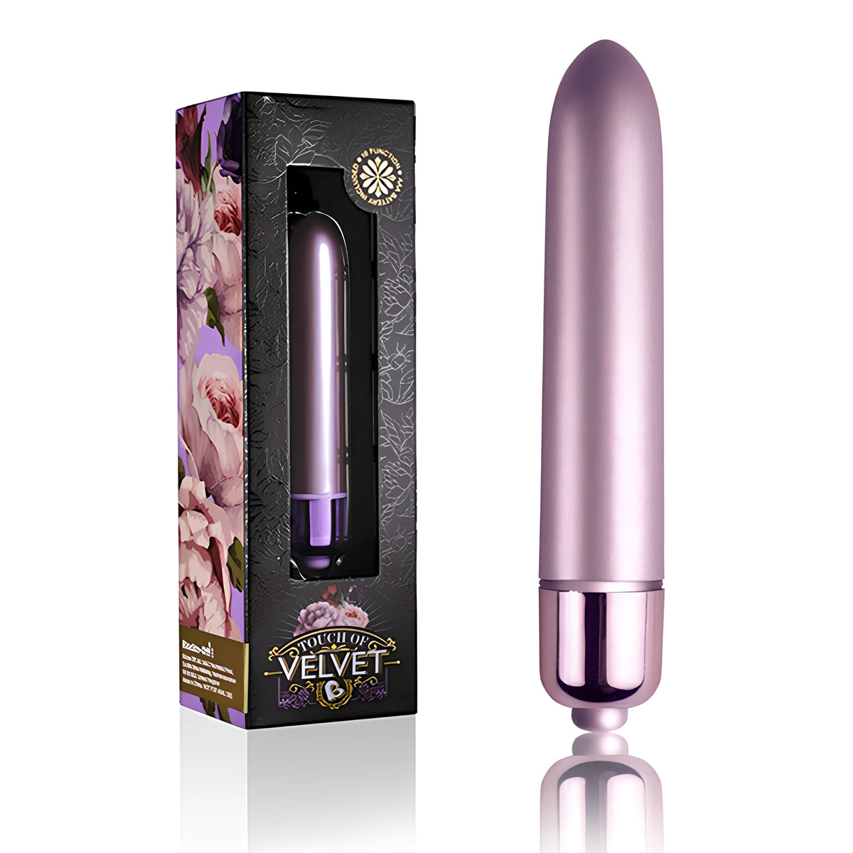 Мини вибратор Touch of Velvet Soft Lilac на Rocks-Off в люляков металик до черната кутия с флорални розови мотиви