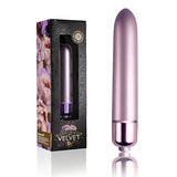 Мини вибратор Touch of Velvet Soft Lilac на Rocks-Off в люляков металик до черната кутия с флорални розови мотиви