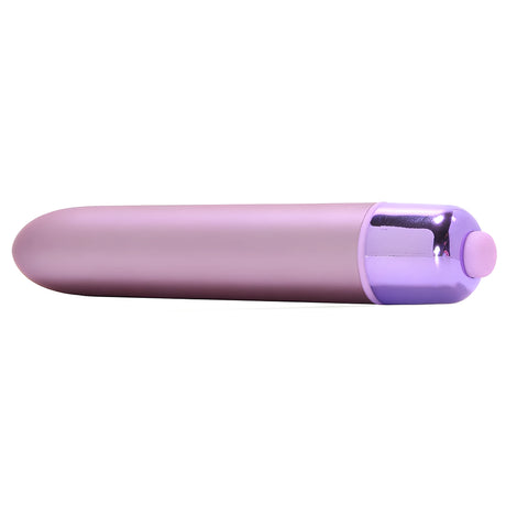 Мини вибратор Touch of Velvet Soft Lilac на Rocks-Off – страничен изглед на лилавия корпус с металик в лилаво и бутон накрая