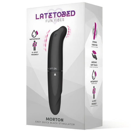 Кутия на мини вибратор Morton на LateToBed Fun Vibes с черен вибратор в средата и иконки за водоустойчивост и G-точка отстрани