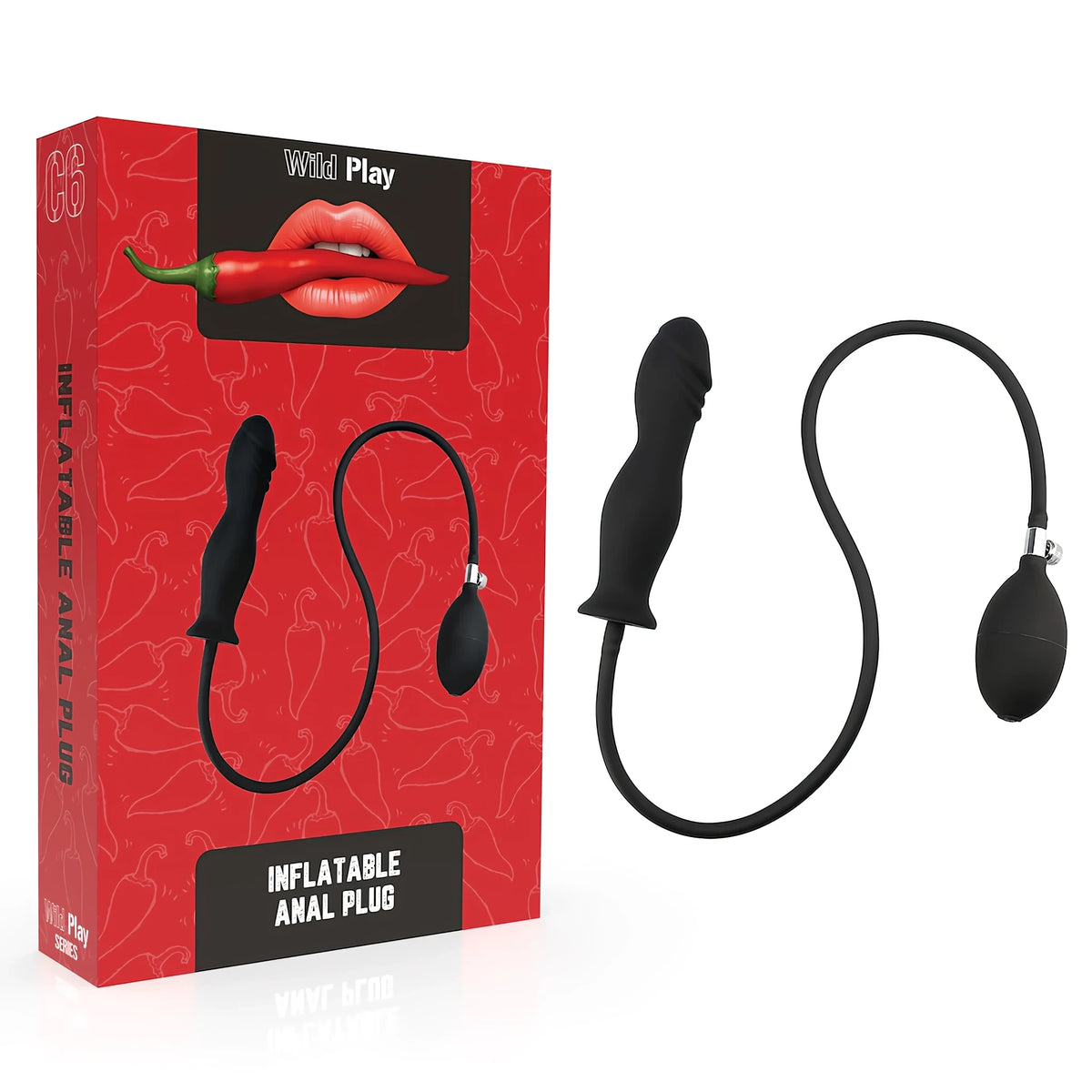 Червена кутия Wild Play C6 с надпис Inflatable Anal Plug до черния надуваем разширител с гумена тръбичка и помпа