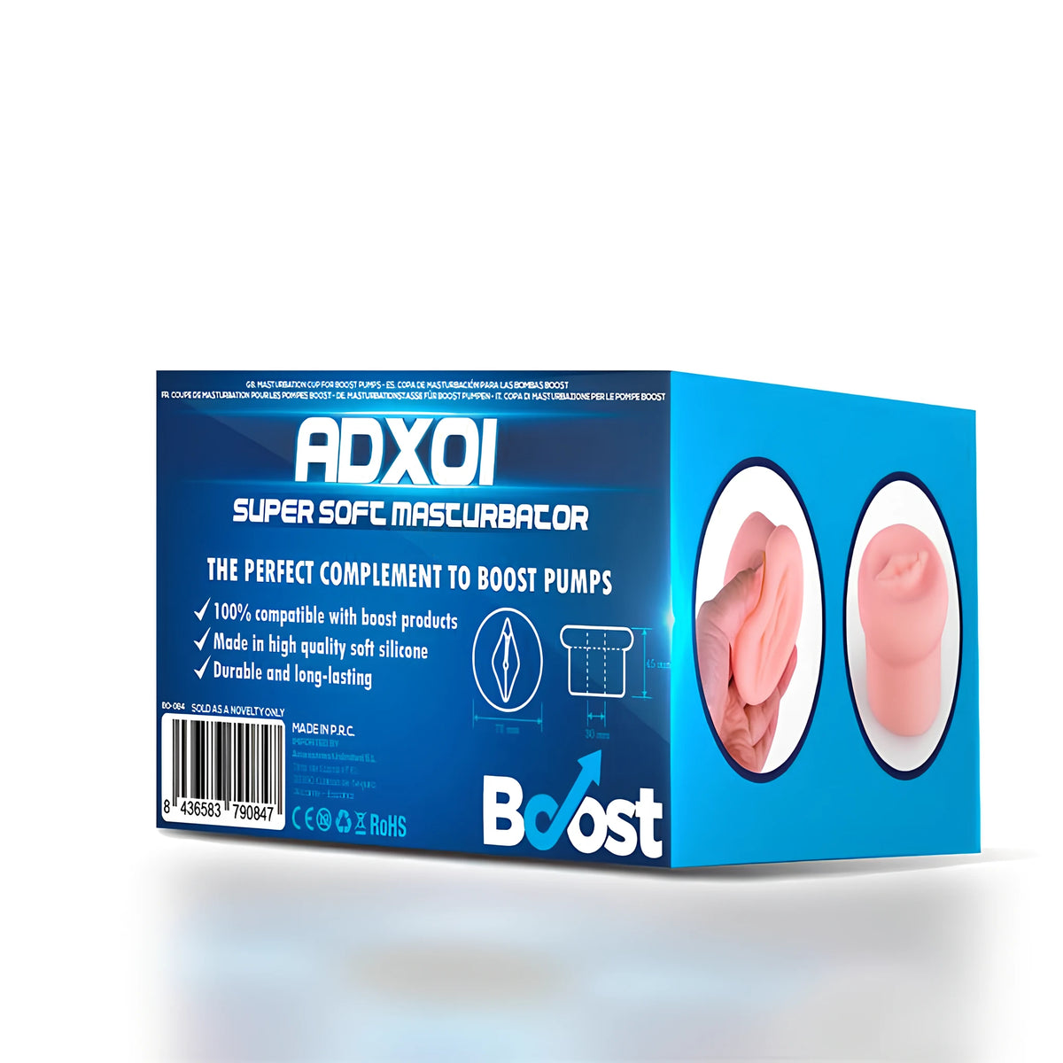 Синя кутия на накрайник ADX01 за помпи Boost: отпред надписи за мек силикон и съвместимост, отстрани снимки на продукта