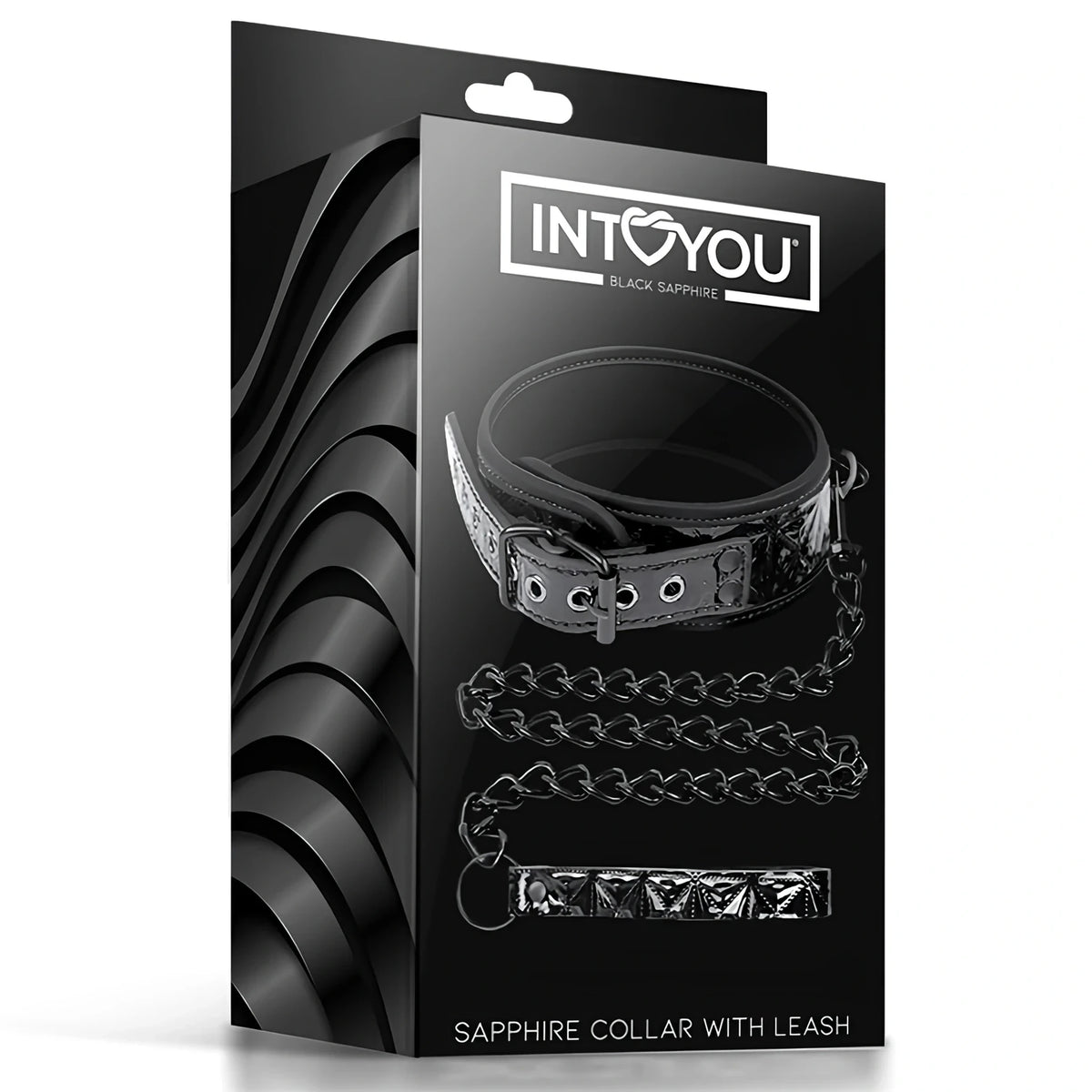 Черна кутия на нашийник с каишка Black Sapphire на IntoYou, с надпис Sapphire Collar with Leash и нашийник с верига на лицевата страна