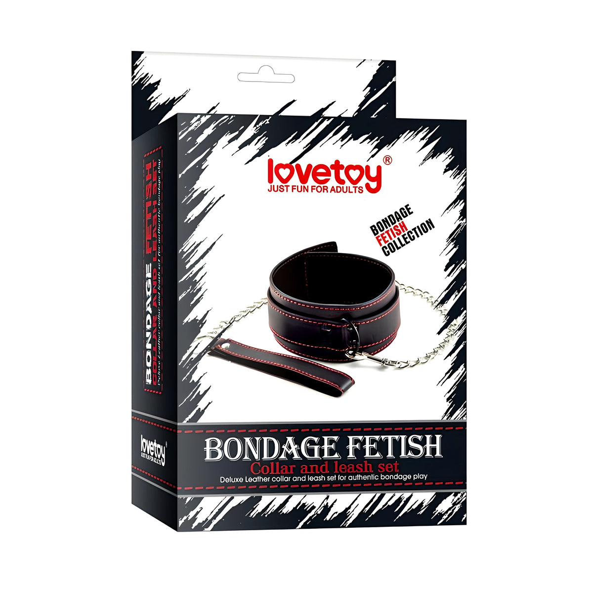 Черно-бяла кутия на Lovetoy от колекция Bondage Fetish с нашийник и повод с метална верига, черна кожа и червени шевове