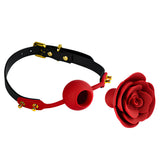 Наустник Rose Ball Gag на Zalo с черна каишка, златисти катарами и червена топка с отвор до сменяема червена силиконова роза