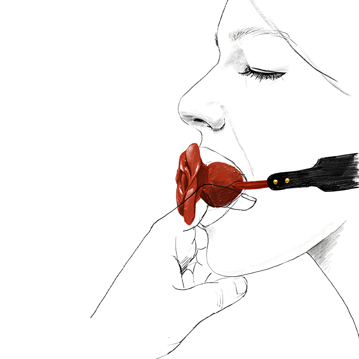 Илюстрация на Наустник Rose Ball Gag на Zalo: червена топка във формата на роза в устата на жена, с черна кожена каишка със златисти нитове