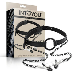 Наустник с щипки за зърна IntoYou Black Shadow: черна каишка с метален пръстен и вериги, пред бежавата кутия