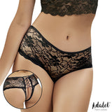 Черни дантелени бикини Adalet Corset Style върху модел, отпред, с малък кръг с изглед отзад и корсетна връзка; лого Adalet Finest Lingerie