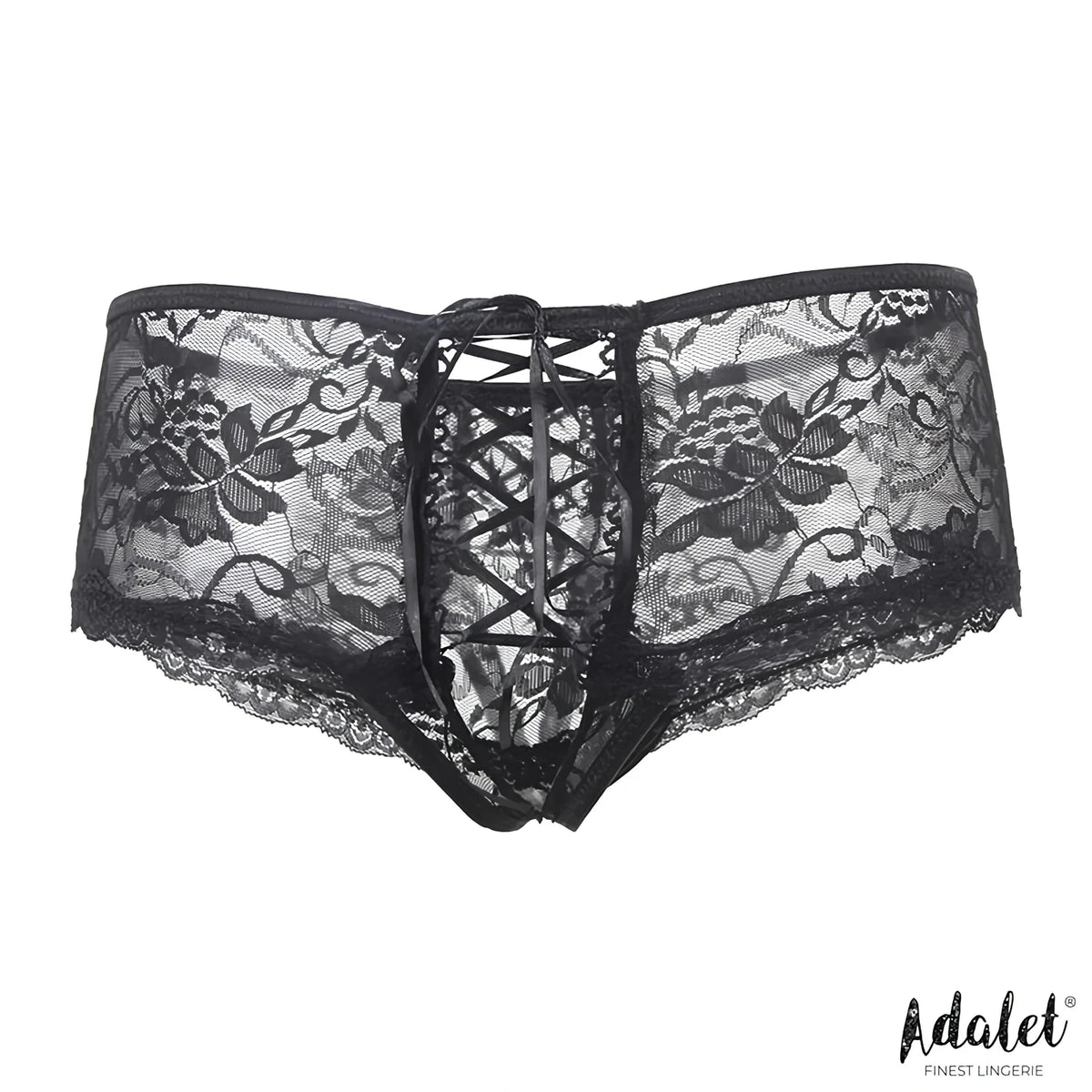 Черни дантелени бикини Adalet Corset Style, изглед отпред с florални мотиви, връзки като корсет по средата и фестонен ръб