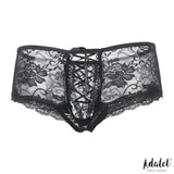 Черни дантелени бикини Adalet Corset Style, изглед отпред с florални мотиви, връзки като корсет по средата и фестонен ръб