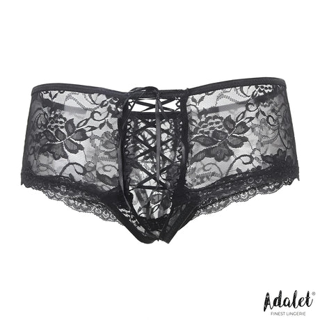 Черни дантелени бикини Adalet Corset Style, изглед отпред с florални мотиви, връзки като корсет по средата и фестонен ръб