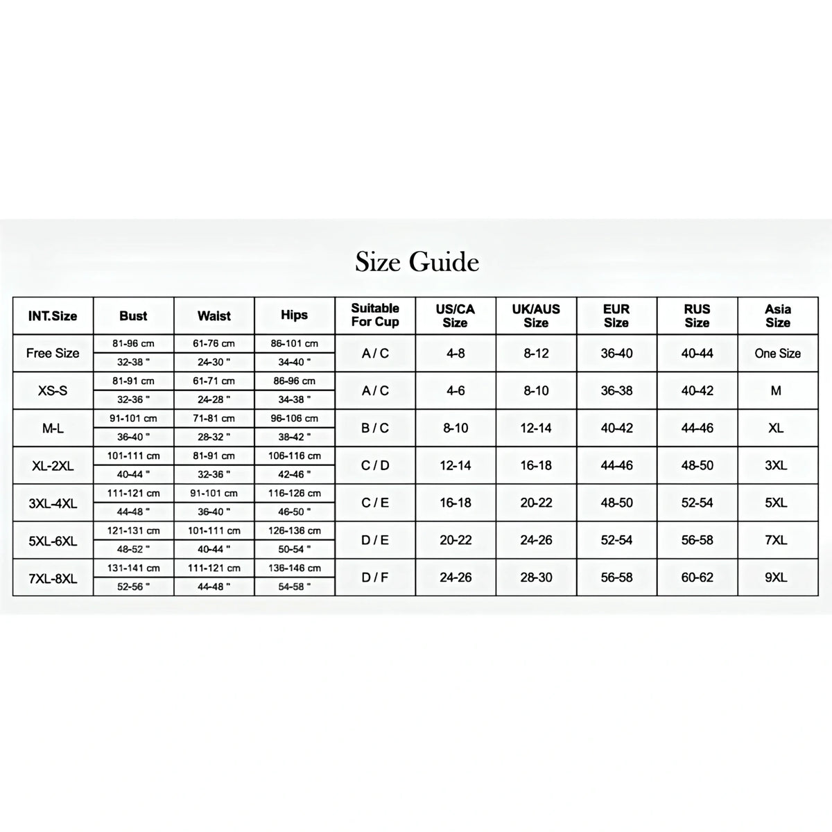 Таблица с размери Size Guide за Adalet: гърди, талия и ханш в см и инчове, чашка и съответствия US, UK, EUR, RUS и Asia от Free Size до 7XL-8XL